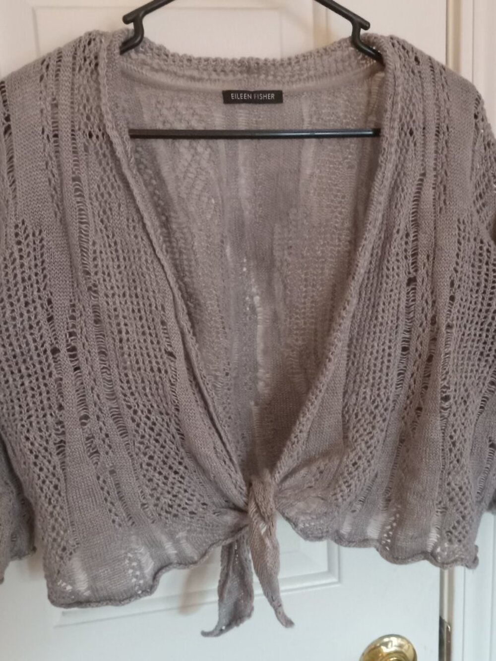 Eileen Fisher Silver Gray Open Knit Tie-Front Cropped Cardigan Sweater Shrug